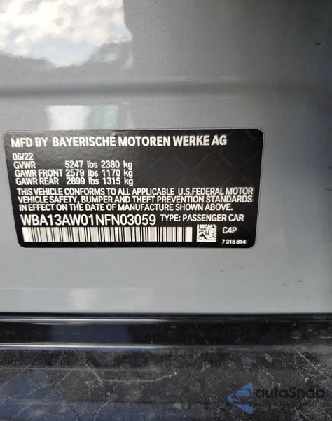 2022 BMW M440Xi Gran Coupe из США, поврежденный, VIN WBA13AW01NFN03059